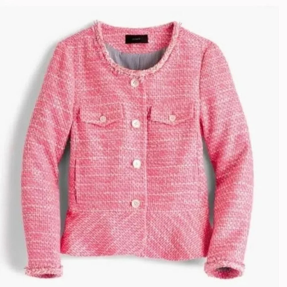 J. Crew Pink Tweed Collarless Blazer